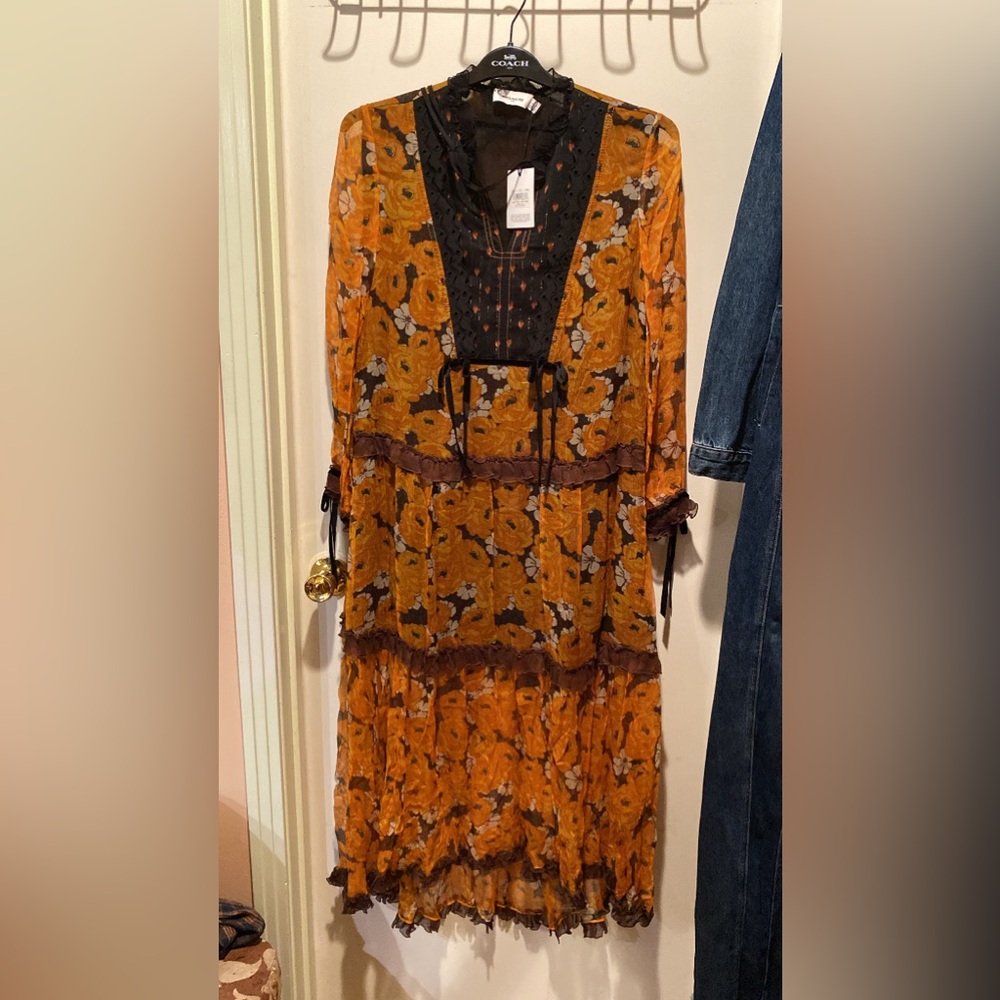 Coach Orange Floral Rose Print Tiered Dress Size 10 Retail $895